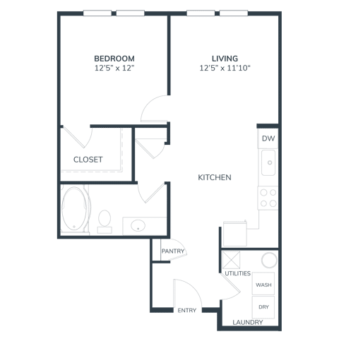 A 3D image of the AS1 floorplan, a 707 squarefoot, 1 bed / 1 bath unit