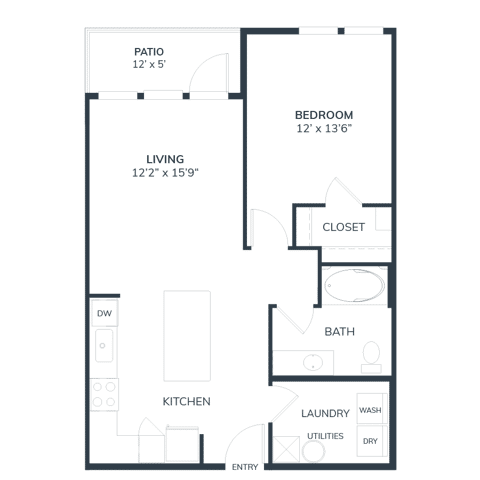 A 3D image of the A1 floorplan, a 756 squarefoot, 1 bed / 1 bath unit