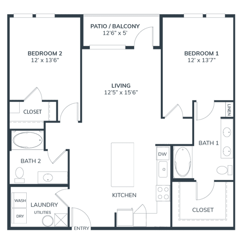 A 3D image of the B1 floorplan, a 1164 squarefoot, 2 bed / 2 bath unit