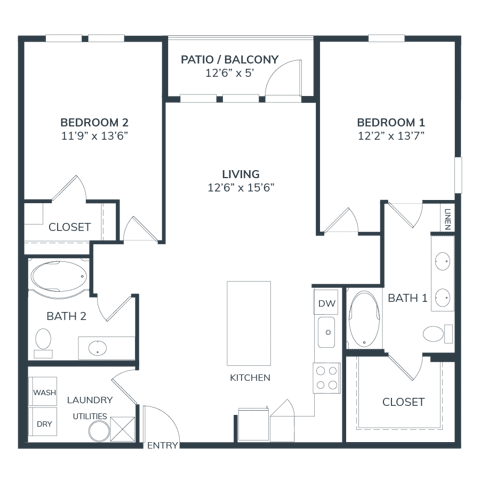 A 3D image of the B1C floorplan, a 1176 squarefoot, 2 bed / 2 bath unit