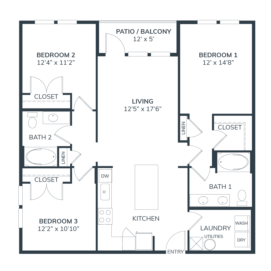 A 3D image of the C1 floorplan, a 1248 squarefoot, 3 bed / 2 bath unit